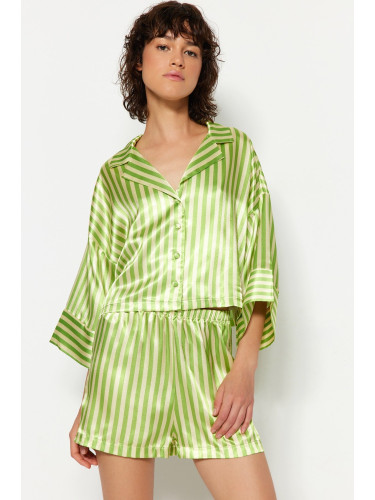 Trendyol Multi Color-Green Striped Satin Shirt-Shorts Woven Pajamas Set