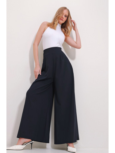 Trend Alaçatı Stili Women's Navy Blue High Waist Side Zipper Wide Leg Woven Trousers