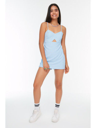Trendyol Blue Checkered Window Detailed Strappy Mini Woven Jumpsuit