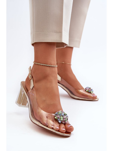 Transparent high-heeled sandals with gold D&A embellishment