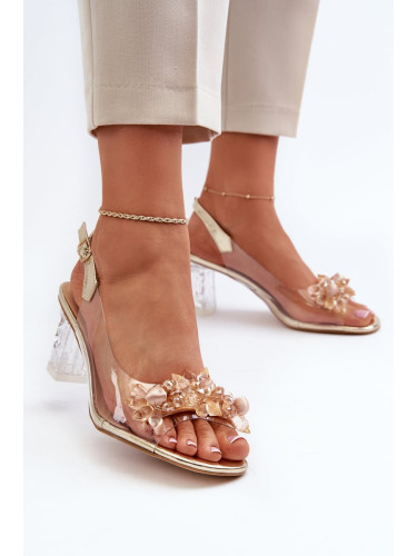 Transparent high-heeled sandals with gold D&A embellishments
