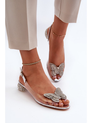 Transparent low-heeled sandals with butterfly pink silver D&A