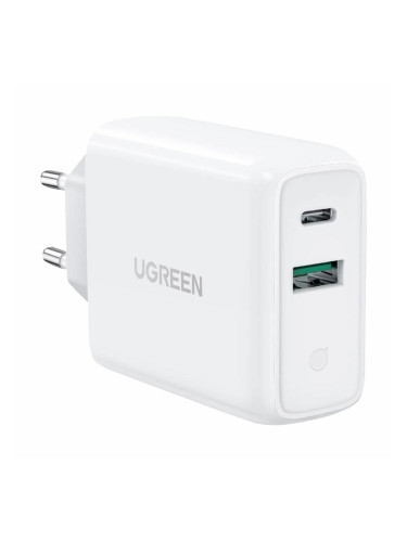Зарядно устройство Ugreen 60468, от контакт към 1x USB-A(ж)/1x USB-C(ж), 20V/1.8A, бяло, QC 3.0