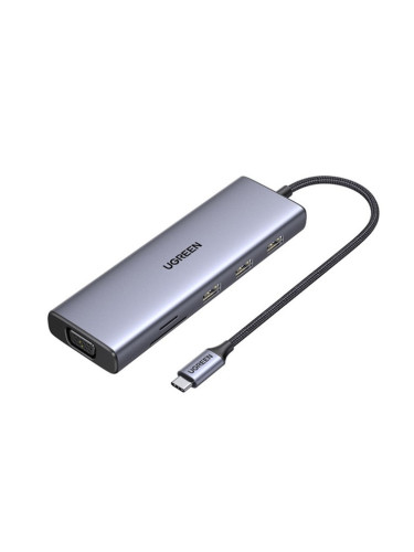 Докинг станция Ugreen CM498, от USB-C към 1x USB-C(PD), 3x USB-A, 1x HDMI, 1x VGA, 1x RJ45, 1x SD четец, 1x MicroSD четец, сива