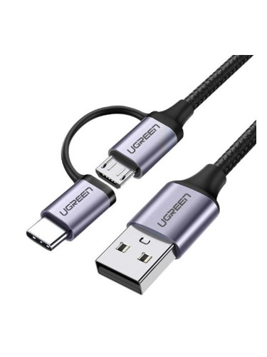 Кабел Ugreen 30875, от USB-A(м) към USB-Micro B(м)/USB-C(м), 1m, черен