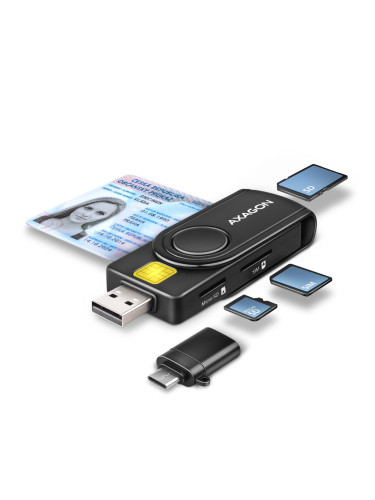 Четец за карти AXAGON CRE-SMP2A, USB-A/USB-C 2.0, ID card/Smart card/SD/SDHC/SDXC/MicroSDHC/microSDXC/SIM, черен