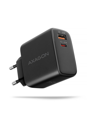 Зарядно устройство AXAGON ACU-PQ45, от контакт към 1x USB-A(ж), 1x USB-C(ж), 5V, 1A, черно, 45W