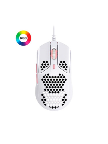 Мишка HyperX Pulsefire Haste, оптична (16000 DPI), жична, 6 бутона, USB, Бял/Розов, RGB подсветка, сензор PixArt 3335, програмируеми бутони