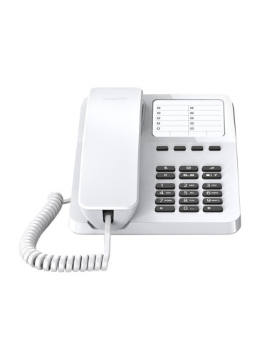 Стационарен телефон Gigaset DESK 400, 1 линия, импулсно набиране на номера, 10 програмируеми бутона, RJ9 жак, бял
