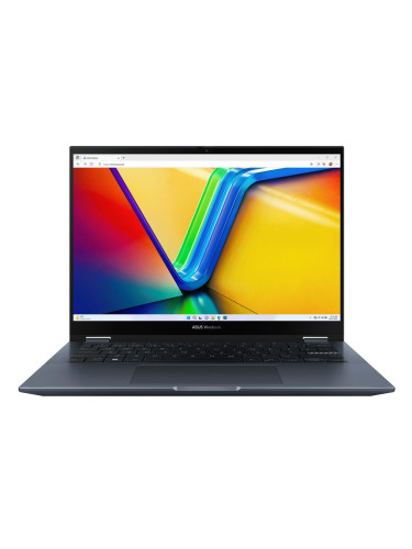 Лаптоп Asus Vivobook S14 Flip TN3402YA-LZ127W (90NB1111-M00AB0)(син), шестядрен AMD Ryzen 5 7530U 2.0/4.5GHz, 14" (35.56cm) WUXGA IPS Glare Touch дисплей, (HDMI), 16GB DDR4, 512GB SSD NVMe, 1x USB 3.2 Gen 2 Type-C, Windows 11 Home, 1.5kg