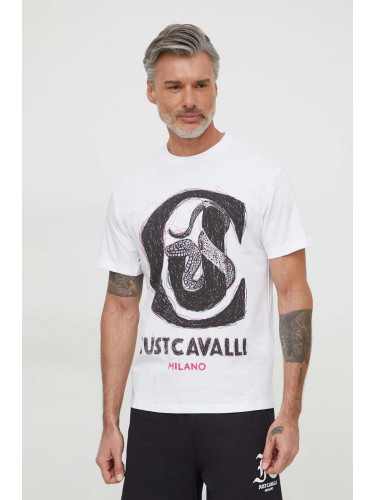 Памучна тениска Just Cavalli в бяло с принт 76OAHC14 CJ600