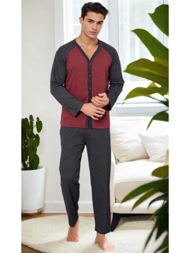 J5629 Dewberry Mens Buttoned Long Sleeve Pyjama Set-BORDEAUX
