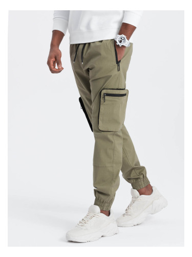 Ombre Men's JOGGER pants with zippered cargo pockets - light olive
