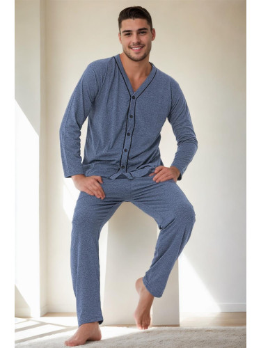 J4425 Dewberry Mens Buttoned Long Sleeve Pyjama Set-BLUE