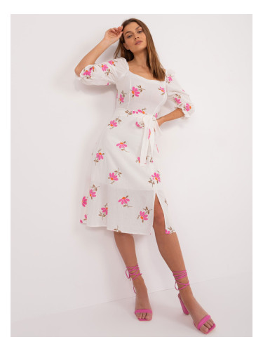 Ecru-pink floral midi dress with belt