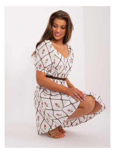 White and brown embroidered dress with belt