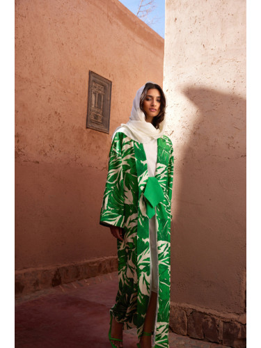 Trendyol Green Tropical Pattern Long Woven Kimono & Kaftan