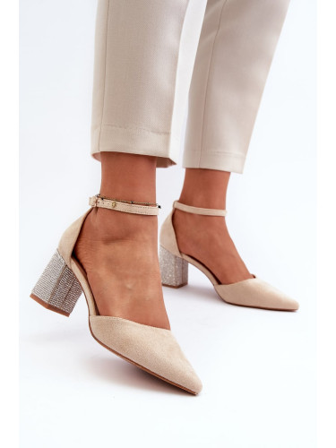 Beige pumps made of eco suede with an embellished heel by Anlitela