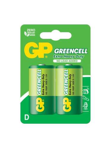 Батерия цинкова, GP R20 Greencell, D, R20, 1.5V, 2бр