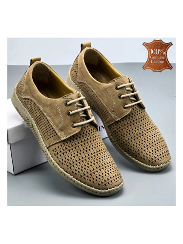 Бежови мъжки обувки от естествена кожа с перфорация 7026 beige