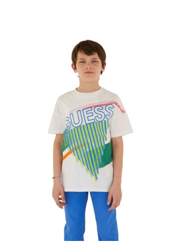 Детска тениска за момче в бял цвят и зелена щампа Guess