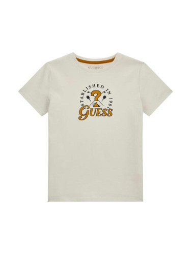 Детска тениска в бял цвят с оранжев надпис Guess