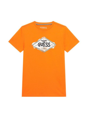 Детска тениска в оранжев цвят с бяла щампа Guess