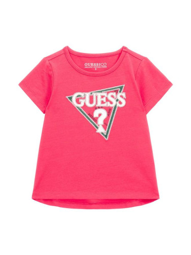 Бебешка тениска в цикламен цвят с лого и пайети Guess