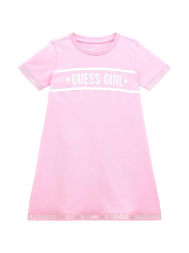 Детска рокля в светлорозов цвят с кантове и надпис Guess