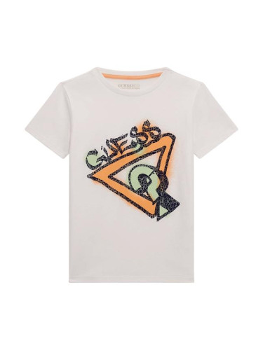 Детска бяла тениска с оранжево лого Guess
