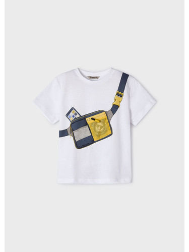Детска бяла тениска с цветна щампа и джоб Mayoral