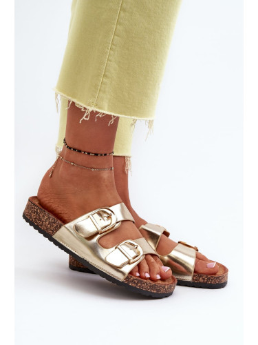Women's cork platform slippers with straps, gold Doretta