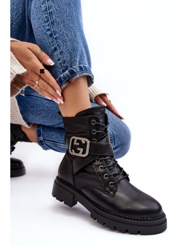 Black Gennee Worker leather ankle boots with chain