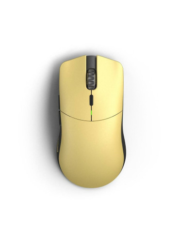 Мишка Glorious Model O Pro Wireless Golden Panda, оптична (19 000 dpi), безжична/жична, 2.4GHz с ресийвър, USB, жълта, гейминг, 6 бутона, Glorious BAMF Sensor