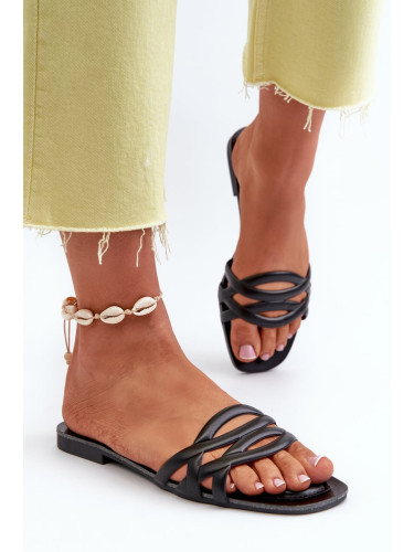 Women's flat heeled eco leather slippers, black, Moldela