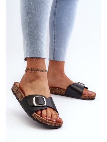 Women's slippers on a cork platform with a buckle, black moaxi