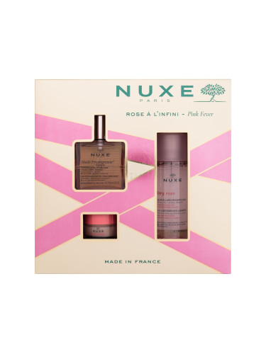 NUXE Pink Fever Подаръчен комплект сухо масло Huile Prodigieuse Florale 50 ml + мицеларна вода Very Rose 3-In-1 Soothing Micellar Water 100 ml + балсам за устни Very Rose 15 g увредена кутия