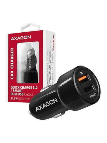 Зарядно за устройство за кола AXAGON PWC-QC5, от автомобилна запалка към 2x USB A(ж), 3.6-6.5V 3.0A / 6-59V 2.1A / 9-12V 1.6A, черно, Quick Charge 3.0, Smart Charge