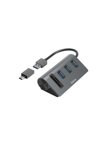 HAMA USB хъб/четец на карти, 5 порта, 3x USB-A, SD, microSD, вкл. USB-