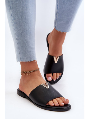 Women's flat heeled eco leather slippers, black Maliha