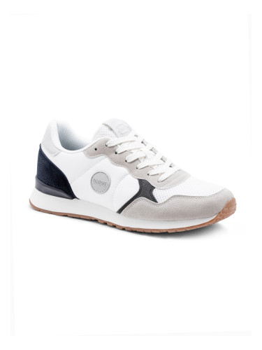 Ombre Men's shoes sneakers with combined materials and mesh - white and navy blue
