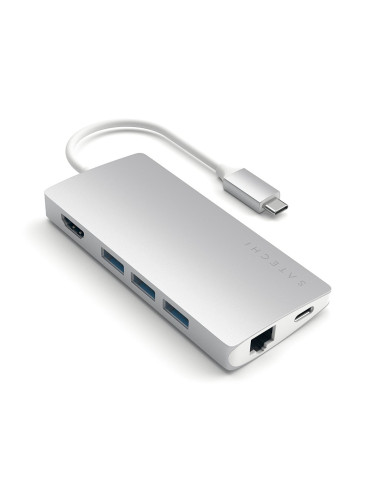 Докинг станция Satechi USB-C Aluminum Multiport 4K Adapter v2 (ST-TCMA2S), от USB C към 1x USB C(PD), 3x USB A, 1x HDMI, 1x SD/MicroSD четец на карти, сива