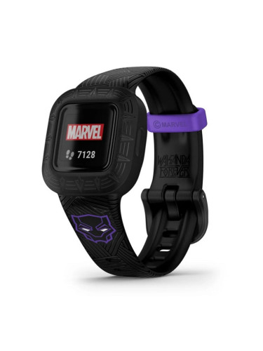 Смарт часовник Garmin vivofit jr. 3 Marvel Black Panther, 0.55" (1.41cm) цветен MIP дисплей, 5АТМ, акселерометър, Bluetooth, функции за активност при деца, черен