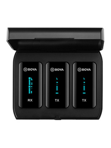 Безжична микрофонна система BOYA BY-XM6-K2, 2x микрофона, 2x предавателя и 1x приемник, кутия за зареждане, обхват до 100m, до 6.5 часа време на работа, черни