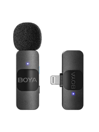 Безжична микрофонна система BOYA BY-V1, 1x микрофон, 1x предавател и 1x приемник, обхват до 50m, до 9 часа време на работа, с ревер, Lightning, черни