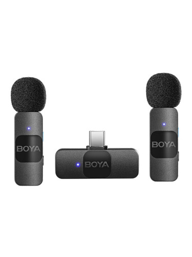 Безжична микрофонна система BOYA BY-V20, 1x микрофон, 2x предавателя и 1x приемник, обхват до 50m, до 9 часа време на работа, с ревер, USB-C, черни