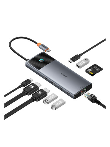 Докинг станция Baseus Metal Gleam II Series 10-in-1 Hub, от USB C към 1x USB-C (PD), 1x USB-C, 3x USB-A, 2x HDMI, 1x RJ45, 1x SD четец, 1x microSD четец, сива