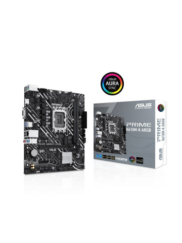 Дънна платка Asus Prime H610M-K ARGB, H610, LGA1700, DDR5, PCIe 4.0 (HDMI&VGA), 4x SATA3 6.0 Gb/s, 1x M.2, 2x USB 3.2 Gen 1 Type-A, mATX