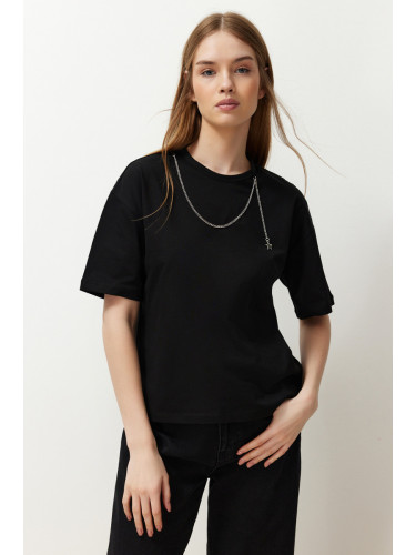 Trendyol Black 100% Cotton Relaxed Chain Detail Knitted T-Shirt