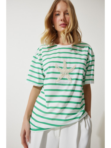 Happiness İstanbul Women's Green White Striped Star Pearl Embroidered Oversize Knitted T-Shirt